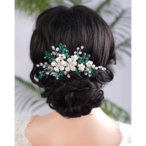 BERYUAN Silver Flower Paecock Green Crystal Rhinestone Hair Comb Pearls Teardrop Rhinestone Hair Piece Wedding Headband Pearls Flower Hairpiece for Wedding Women and Girls (PEACOCK GREEN)