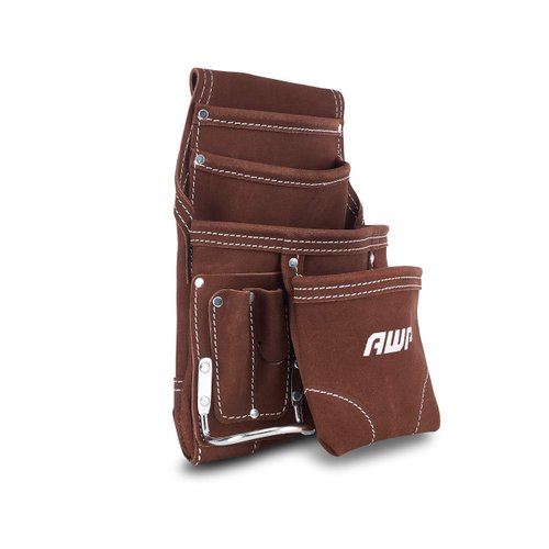 AWP 10-Pocket Suede Tool Pouch | Durable General Construction Leather Tool Pouch | Brown