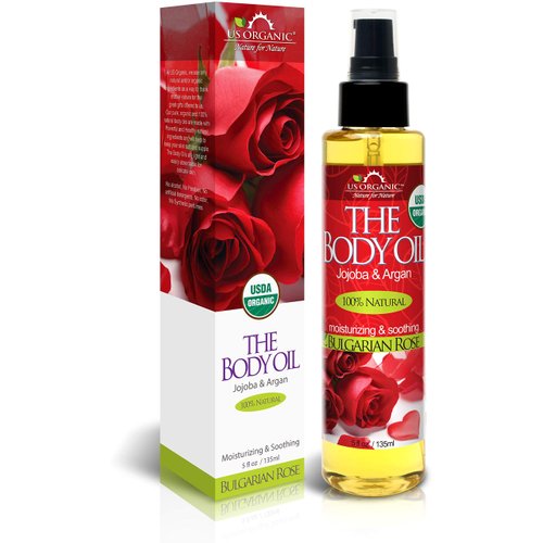 US Organic Body Oil - Romantic Sexy Bulgarian Rose- Jojoba and Argan Oil with Vitamin E, USDA Certified Organic, No Alcohol, Paraben, Artificial Detergents, Color or Synthetic perfume (Bulgarian Rose)