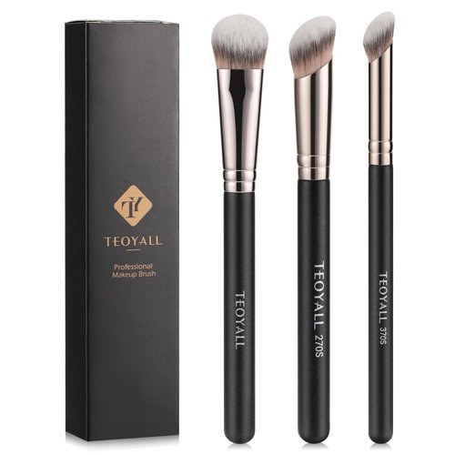 TEOYALL 3 Piece Black Wood Contour Conceal Brush Set with Angled Synthetic Concealer Brush for Liquid, Cream and Powder Cosmetics