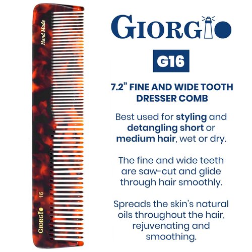 Giorgio G16 Fine Tooth Comb and Wide Tooth Comb Detangler Handmade Hair Comb - Mens Hair Comb for Men and Detangler Comb for Women - Hair Styling Barber Comb and Detangling Comb - Saw Cut Comb