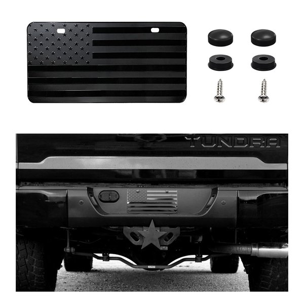 Dickno Car American Flag License Plate, 6×12'' Aluminum 3D Metal USA Flag License Plate Bracket Frame with Screw, Patriotic Auto Front Embossed Plate Decoration for Men Women (Black)