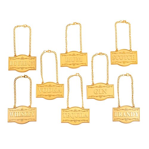 Amlong Plus Deluxe Set of Liquor Tags for Bottles or Decanters, Golden Color, Set of 8 with Adjustable Chain Features (Bourbon, Brandy, Gin, Rum, Scotch, Tequila, Vodka, and Whiskey)