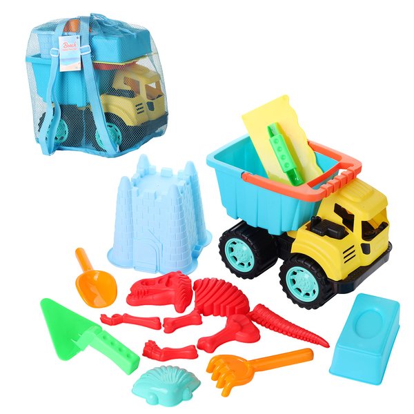 Dazmers Beach Sand Toys Set with Dump Truck Toy, Castle Bucket, Shovel, Dinosaur and Brick Molds, in Drawstring Bag, Outdoor Sandbox Toys Tool Kit for Kids, Toddlers, Boys and Girls (11 Pieces)