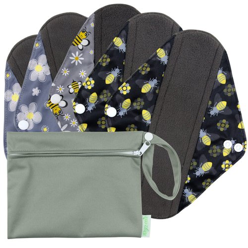 wegreeco Reusable Menstrual Pads for Women - Reusable Sanitary Pads | Reusable Panty Liners | Soft Cloth Menstrual Pads - 5 Pack, 1 Cloth Wet Bag (M, Bee & Bloom)