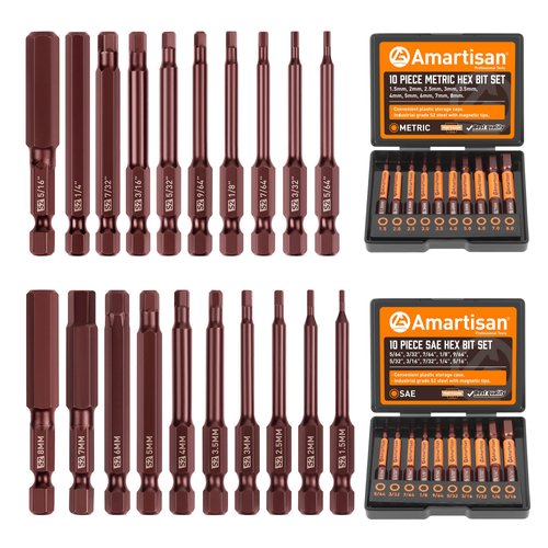Amartisan 20-Piece Hex Head Allen Wrench Drill Bit Set, Metric and SAE S2 Steel Hex Bits Set, Magnetic Tips, 2.3" Long With Storage box.