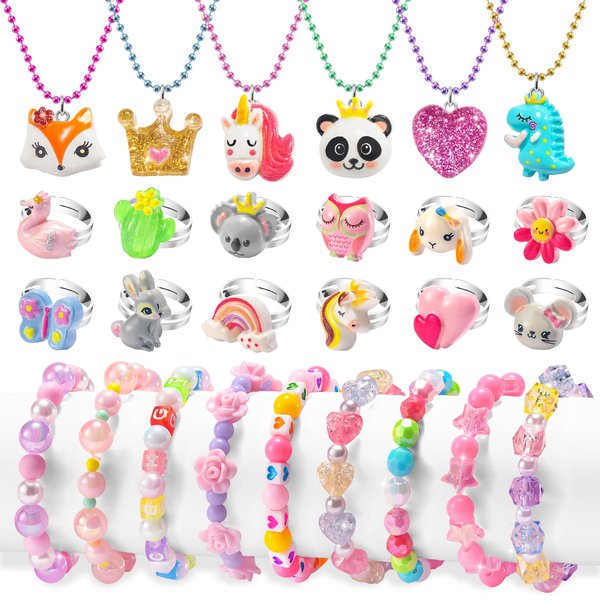 Toddler Girls Jewelry Age 3-5, Kids Play Jewelry Set for Little Girl 3 Year Old, Dress Up Necklaces Rings Bracelets Costume Jewelry Toddlers Children Jewels 4-6 6-8 4 5 6 7 Years Girl Accessories