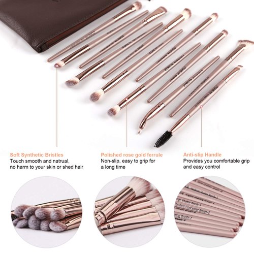 Z'OREYA Eye Makeup Brushes, 12 Pcs Professional Eye Brush Set Eyeshadow, Eyebrow, Blending, Fan, Eyelash Brushes Set With Carrying Bag(Champagne Gold)