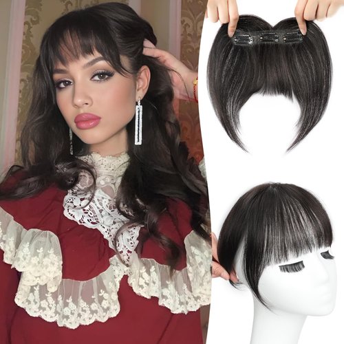 KooKaStyle Bangs Hair Clip in Bangs, 100% Real Human Hair Wispy Bangs Clip in Hair Extensions, 3 Secure Clips in Full Fringe French Bangs Fake Bangs (1B# Black)