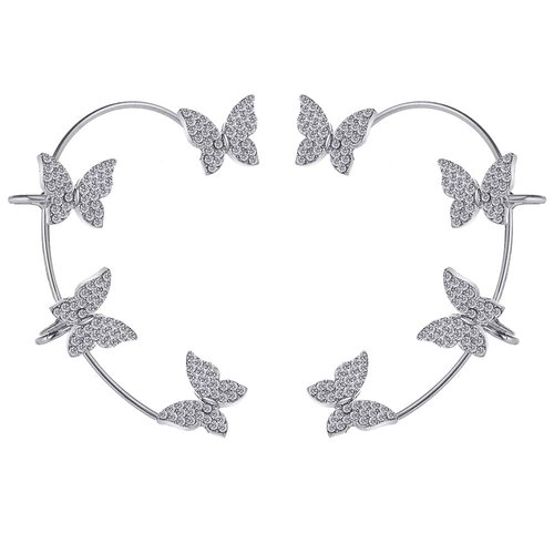 2PCS Women's Clip-On Earrings Hook Without Pierced Rose Flower Ear Bone Clip Ear Clip Butterfly (Silver Butterfly Ear Clips)
