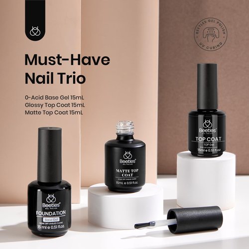 beetles Gel Polish, 3Pcs 15ml Base Gel and No Wipe Top Coat Gel Nail Polish Matte Coat Set, Shine Finish and Long Lasting, Soak Off LED Nail Lamp Gel Nail Polish DiY Design Gifts for Women