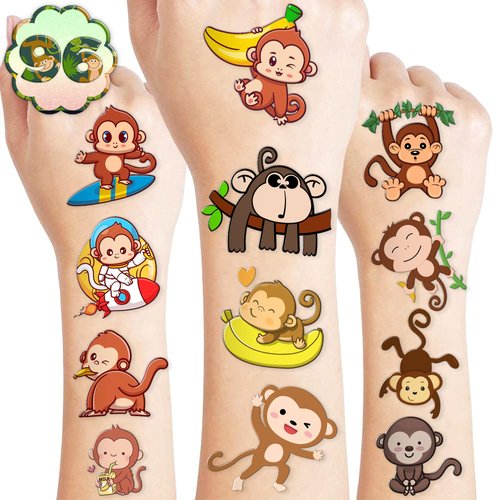 Monkey Temporary Tattoos Birthday Party Supplies Decorations 96 PCS Tattoos Stickers Jungle Animal Super Cute Party Favors Kids Boys Girls Gifts Ideas Classroom School Prizes Themed