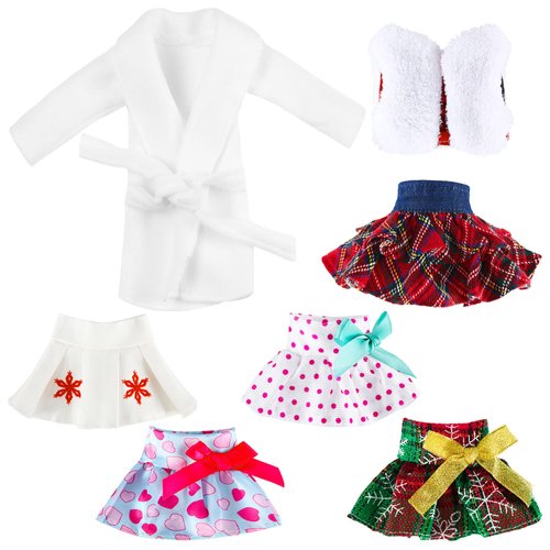 7 Pieces Christmas Elf on Clothes Elf Doll Accessories Set Elf Outfits Including Elf Skirts, Bathrobe, Elf Fluffy Vest for Xmas Holiday Elf Doll Decor(Classic Style)