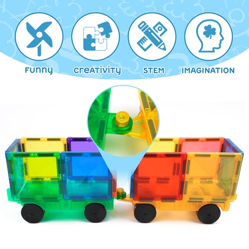 Magnetic Tiles Cars Construction Set - 4 PCS Magnetic Tiles Magnet Bricks Truck Sensory Toys, Educational Magnetic Cars Set Magnet Building Blocks for 3 4 5 6 7 8+ Year Old Girls Boys