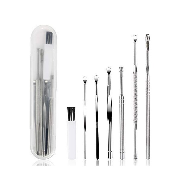 7 Pcs Ear Pick, BetyBedy Ear Cleansing Tool Set, Ear Curette Earwax Removal Kit with a Small Cleaning Brush and Storage Box, Silver