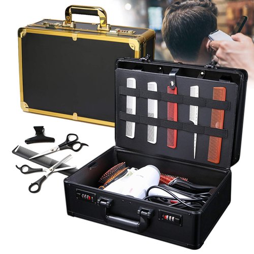 WDZCZDoo Professional Barber Case with Code Lock, Salon Hair Cutting Storage Organizer Kit Stylist Tool Box Traveling Case for Clippers Trimmers Blades Shears Combs Brushes (Gold)