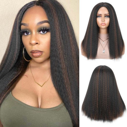 Quick Wig Kinky Straight Wig Black Yaki Straight Wigs Middle Part Synthetic Wig for Black Women Glueless Yaki Hair Wig (P1B/30#)