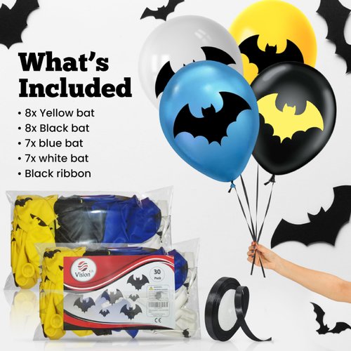 Bat Superhero 12" Birthday Balloons Printed Double-Sided 30 Pcs | Assorted Colors Premium Latex | Bat Party Decorations & Supplies for Kids by Vision E.D.