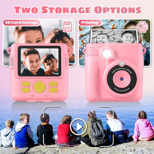 Kids Camera, Instant Print Camera 2.4 Inch Screen 1080P Digital Camera with 16X Digital Zoom, 32GB TF Card for 3-13 Boys and Girls Birthday Gift
