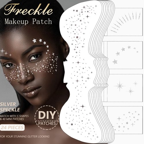 24 Sheet Christmas Temporary Tattoos Silver Glitter Freckles Face Tattoo Sparkle Makeup Patches Waterproof Face Glitter Speckles Patches for Women