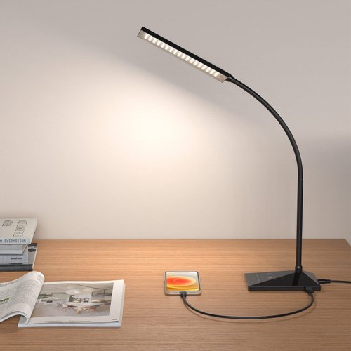 RAOYI LED Desk Lamp, 12W Dimmable Table Lamp Eye-Caring Reading Light with USB Charging Port, Touch Control, 5 Lighting Modes and 6-Level Brightness for Home Office Bedrooms (Black)