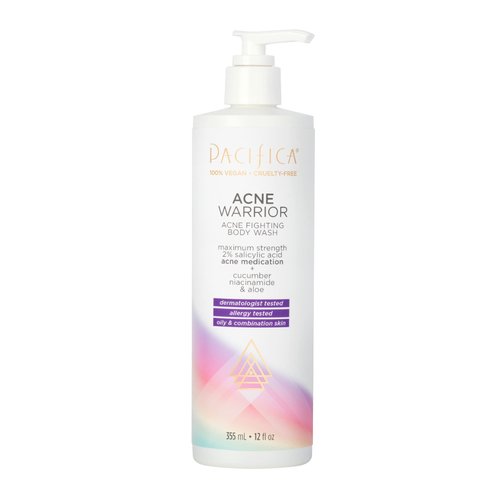 Pacifica Beauty Acne Warrior Acne Fighting Body Wash with Pump, Bath and Shower Gel, 2% Salicylic Acid, Cucumber, Niacinamide, Aloe, Acne Treatment, Blemishes, Vegan, 12 fl oz (1 Count)