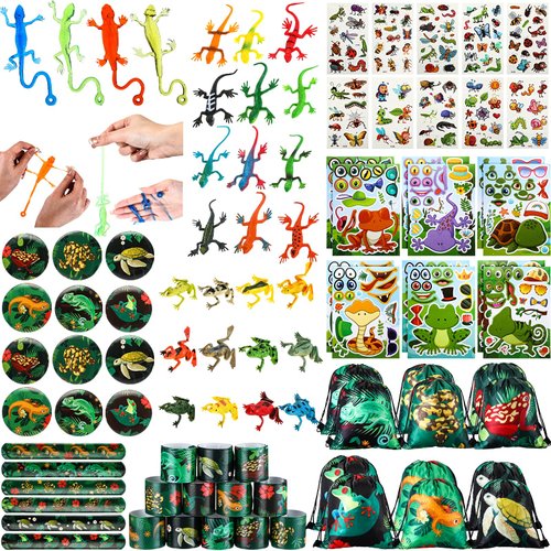 Paterr 94 Pcs Reptile Party Favors Reptile Birthday Party Supplies Decorations Include Reptile Gift Bags Slap Bracelets Badges Tattoos Stickers frog Lizard Toys Stretchy Sticky Toys for Boy Girl