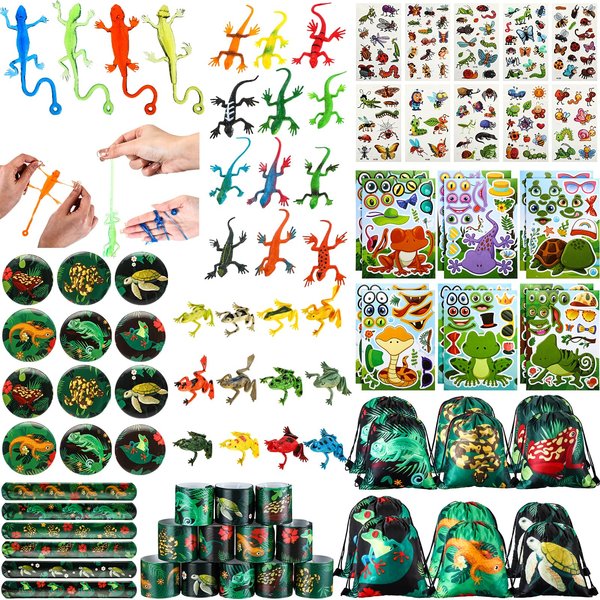 Paterr 94 Pcs Reptile Party Favors Reptile Birthday Party Supplies Decorations Include Reptile Gift Bags Slap Bracelets Badges Tattoos Stickers frog Lizard Toys Stretchy Sticky Toys for Boy Girl