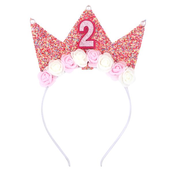InnoHHustle Birthday Decorations for Girls,2th Birthday Headband 2nd Birthday Pink Crown Headband Birthday Girl Headbands Glitter Hair Band for Party Bling Birthday Tiara for Women Girls