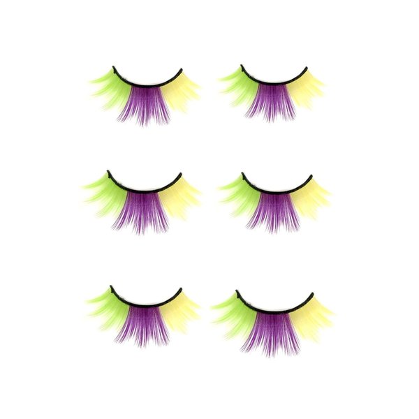 Mardi Gras Eyelashes Purple Green and Yellow Fake Lashes 3D Curl Salon Extensions Strip Pack 3 Pairs Natural Thick Multi-layer Festival Decoration Fake Eyelashes