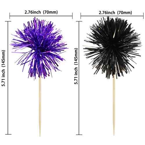 Gyufise 30Pcs Foil Firework Cupcake Toppers Sparkle Tinsel Cake Toppers Tinsel Drink Cake Decoration Cocktail Picks for Birthday Wedding Graduation Party Supplies Black Purple
