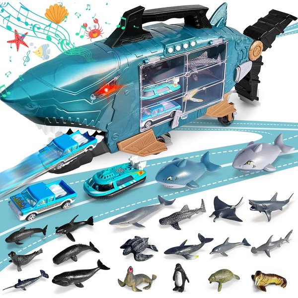 Shark Toys with led, Music Ocean Animals Toys, Shark Truck Toys with 2pcs Toy Trucks, 2pcs Shark Cars,18pcs sea Animal Toys for 3+ Year Old Kids