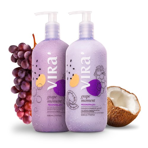 VIRÁ - Brazilian Grape Moment Shampoo and Conditioner Set - Damage Repair & Reconstruction - Anti-Frizz - Chemically & Color Treated Hair - Triple Hydration - Clean Beauty - 2x 17.6 fl oz
