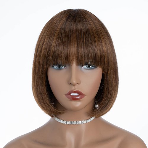 DÉBUT Short Bob Straight Wigs with Bangs Ombre Brown Brazilian Virgin Human Hair Glueless Non Lace Front Bob Wigs 8 Inches