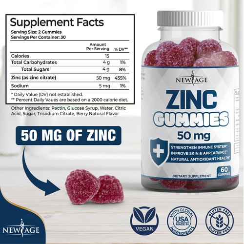 Zinc Gummies - 2 Pack - 50mg High Immune Booster Zinc Supplement, Immune Defense, Powerful Natural Antioxidant, Non-GMO - by New Age, 120 Count