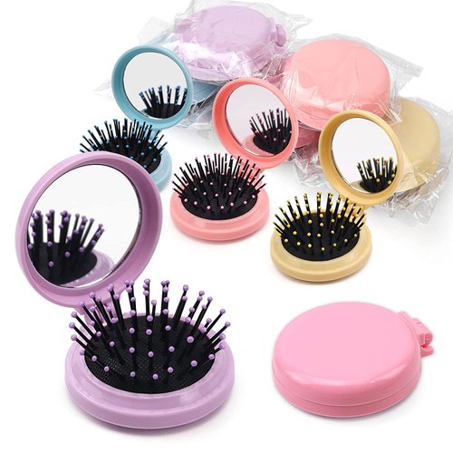10 Pack Folding Travel Mirror Hair Brushes Round Folding Pocket Hair Brush Mini Hair Comb Compact Travel Size Hair Massage Combor Women and Girls (5Colors)