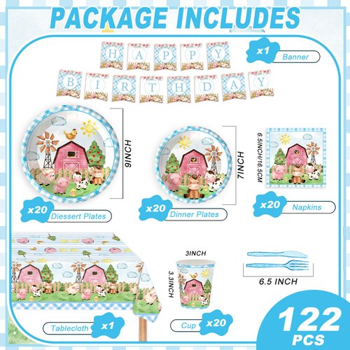 122PCS Farm Animal Party Supplies for Boys Baby Shower Party Blue Barn Animal Theme Birthday Decorations Barnyard Tableware Set Plate Napkins Forks Dinnerware for 20 Guests