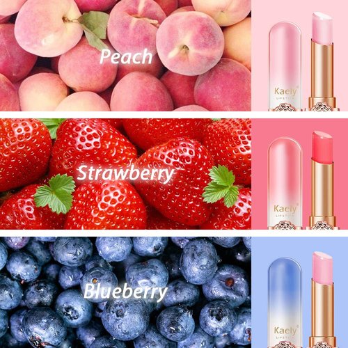 Kaely 3Pcs Peach Strawberry Blueberry Tinted Lip Balm,PH Lipstick Color Changing Makeup Sets,Lips Plumper Tint Gloss,Korean Lip Stain Color Change Long Lasting,labiales magicos 24 horas originales