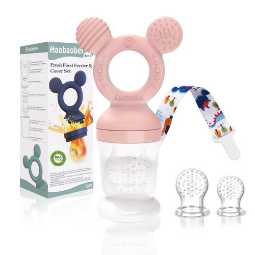 HAOBAOBEI Baby Fruit Feeder, Frozen Teething Toys for Babies, Baby Teether Pacifier with 3 Extra Teats, Baby Eating Essentials, BPA Free Baby Feeding Supplies (Pink)