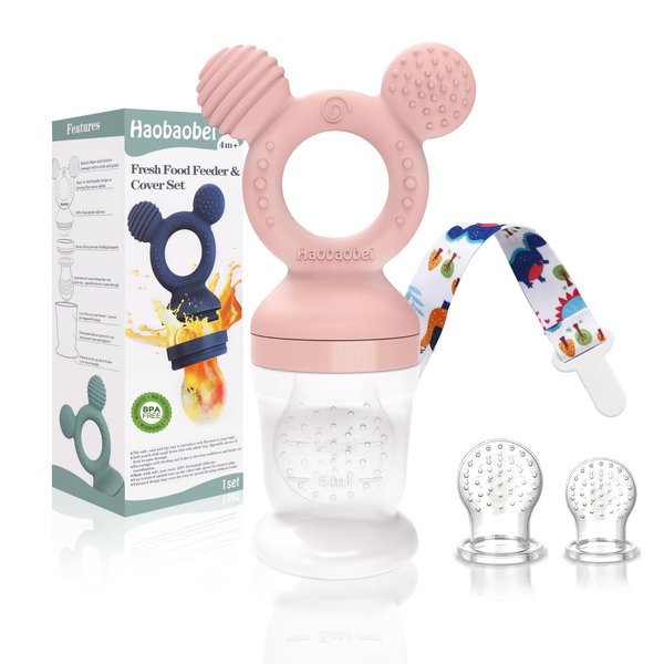 HAOBAOBEI Baby Fruit Feeder, Frozen Teething Toys for Babies, Baby Teether Pacifier with 3 Extra Teats, Baby Eating Essentials, BPA Free Baby Feeding Supplies (Pink)