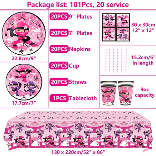 Ninja Girl Party Supplies - Ninja Girl Party Tableware - Dinner Plates Desserts Plates Cups Napkins Tablecover Straws for Ninja Master Girls Princess Baby Shower, Serves 20 (20)