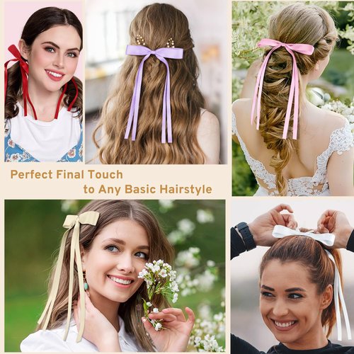 Hair Bows Clips for Women - Hair Ribbon Clips with Long Tail, Satin Tassel Bowknot Barrettes Hairbows Hair Accessories for Women Girls (Black White Red Khaki Brown)