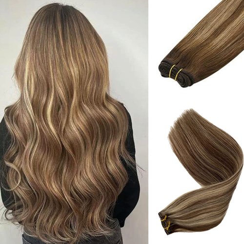 Thick Hair Extensions Human Hair,OiMiGO Highlight Hair Extension Clip In Chocolate Brown to Beige Blonde Clip in Extensions 5pcs 70g 18Inch Straight Hair Extensions for Women (#4/18,18Inch)