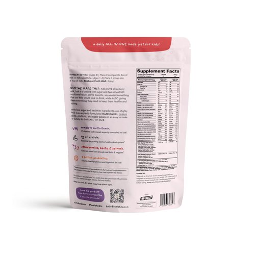 Nurished Mighty Strawberry Milk - Kids All-in-One Daily Protein Powder & Multivitamin Boosted with 2 Billion Probiotics & Organic Spinach - Natural Flavors, Colors & Sweeteners - 15-30 Servings