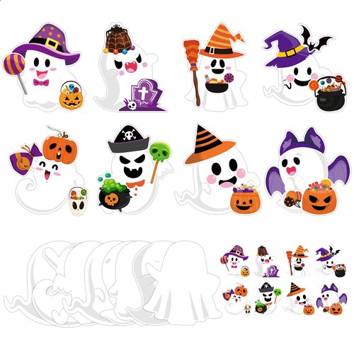 JarThenaAMCS 24 Packs Halloween Ghost Paper Craft Kit Ghost DIY Cards with Pumpkin Witch Hat Stickers Handicraft Fun Set for Halloween Classroom Activities Party Decor Supplies