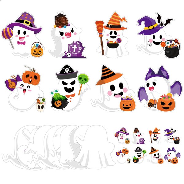 JarThenaAMCS 24 Packs Halloween Ghost Paper Craft Kit Ghost DIY Cards with Pumpkin Witch Hat Stickers Handicraft Fun Set for Halloween Classroom Activities Party Decor Supplies