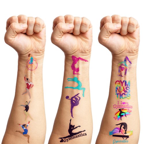 Gymnastic Temporary Tattoos Birthday Themed Party Supplies Decorations Favors 8 Sheets 96PCS Sport Decor Cute Stickers Class School Prizes Gift Kids Boys Girls Carnival Christmas Reward Multicolor