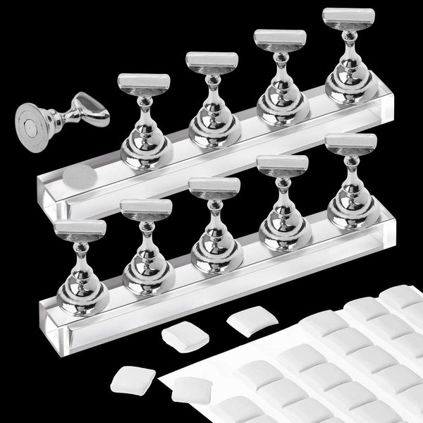 Kalolary 2 Set Acrylic Nail Stand for Painting Nails Press On, Fake Nail Tip Holders Magnetic Practice Stands with White 100 Pcs Reusable Adhesive Putty for Nail Art DIY(Silver)