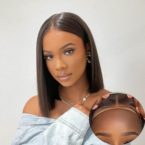 VIVIBABI 10 Inch Wear and Go Glueless Wigs Human Hair Pre Plucked Pre Cut Lace Glueless Bob Wigs Human Hair 4x4 Lace Closure Wig 180% Density Straight Short Bob Wigs Natural Hairline