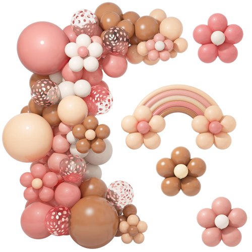 Amandir Boho Daisy Balloons Garland Kit, Retro Dusty Pink Blush Brown Nude Long Twisting Flower Balloons for Two Groovy Birthday Baby in Bloom Baby Shower Party Decorations Supplies